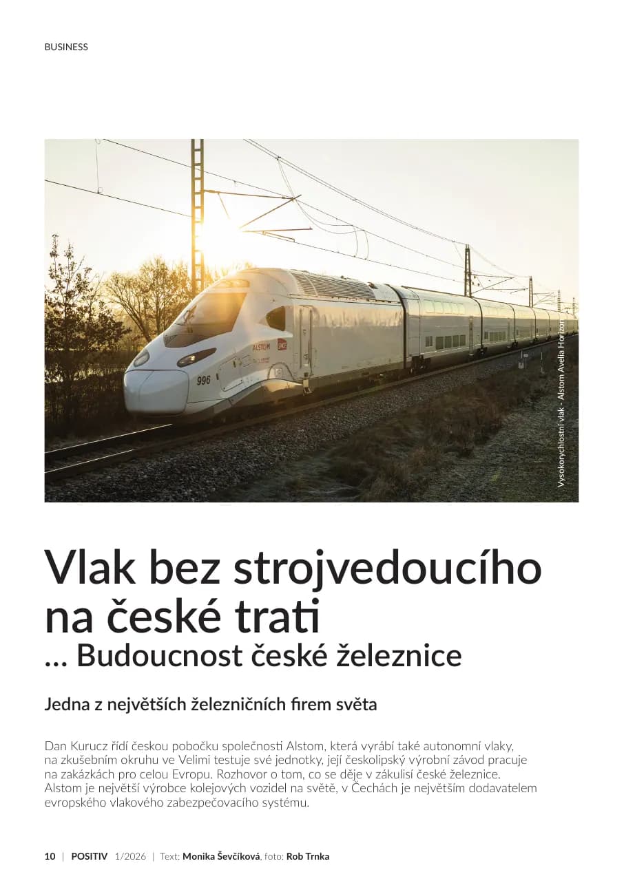 Strana 12 magazínu POSITIV 1/2026 s článkem Vlak bez strojvedoucího na české trati